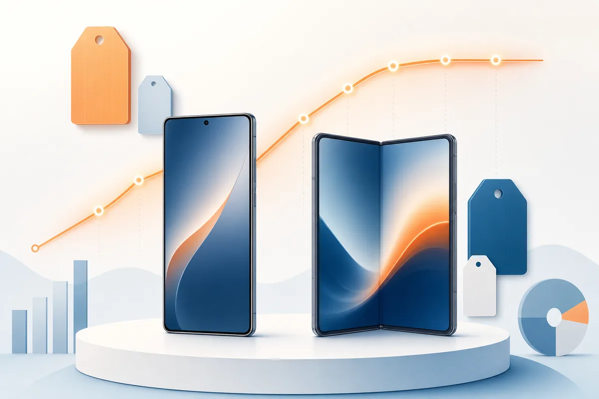 2台のスマートフォン(ふつうの形と折りたたみ)と、上がってから横ばいになる価格の線