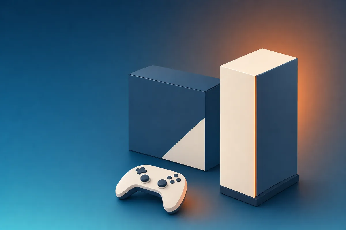 白と紺の四角い据え置きゲーム機とコントローラー、無地の箱が並ぶイラスト